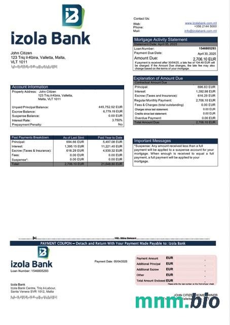 Malta Izola Bank wyciąg z kredytu hipotecznego szablon Word i PDF